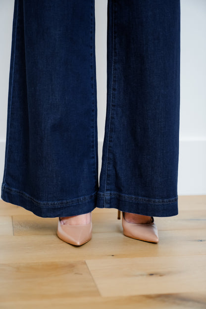 Risen Mid Rise Dark Wash Wide Leg Pants with Tie Waistband