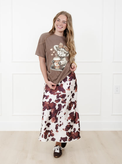 Plus/Reg Satin Cow Print Midi Skirt