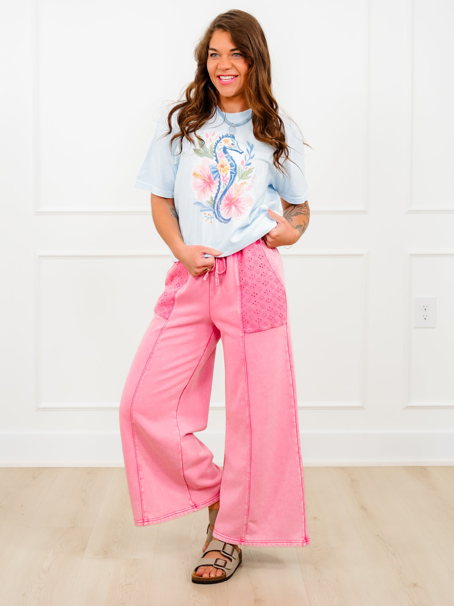 Mineral Wash Elastic Waist Pants with Eyelet Pockets