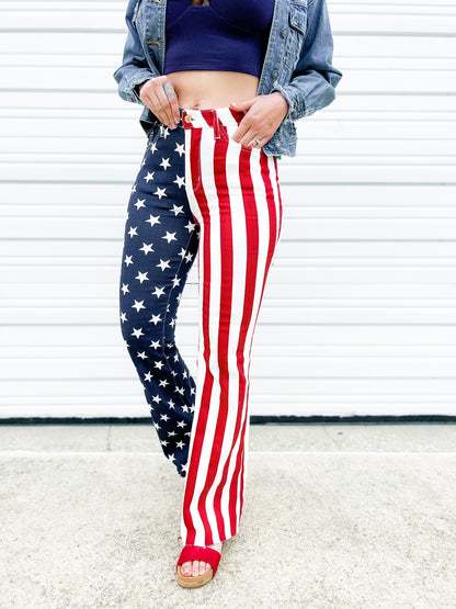 Judy Blue High Rise Stars and Stripes Print Raw Hem Flare Jeans