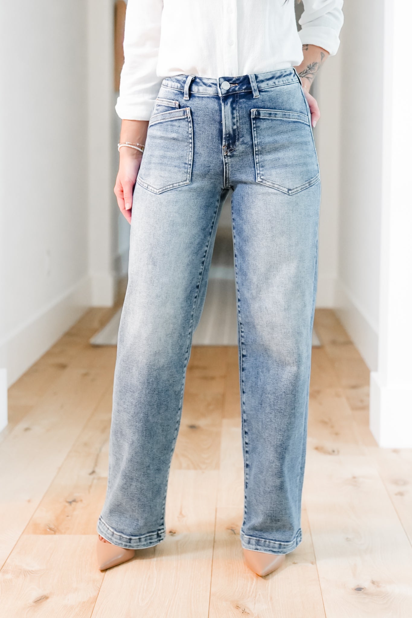 Risen Mid Rise Medium Wash Relaxed Fit Baggy Jeans with Patch Pockets