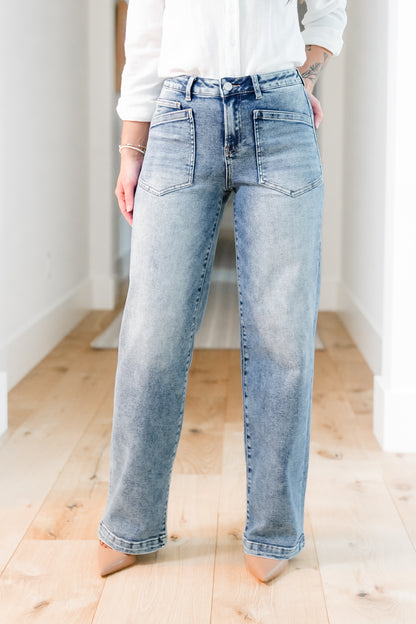 Risen Mid Rise Medium Wash Relaxed Fit Baggy Jeans with Patch Pockets