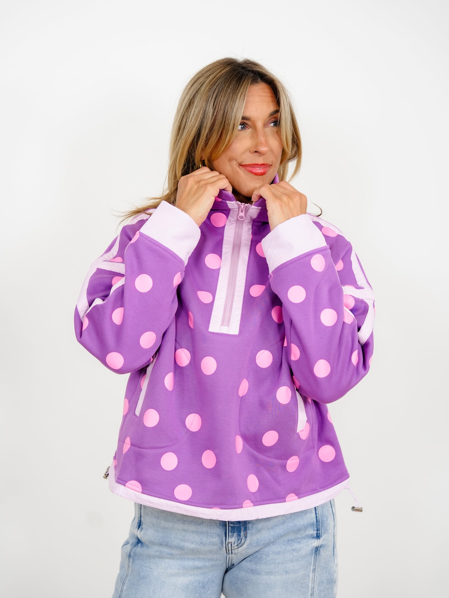 Polka Dot Long Sleeve Half Zip Jacket with Contrast Trim