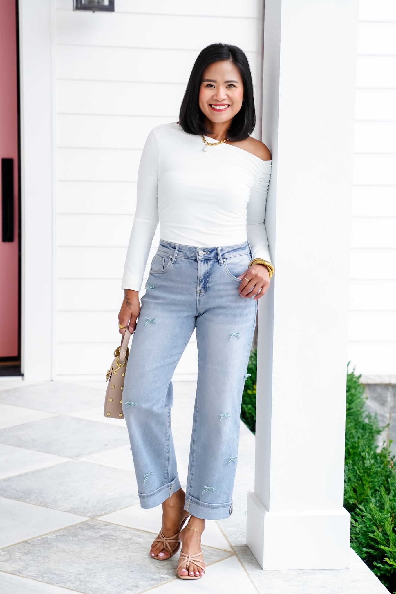 Risen High Rise Light Wash Crop Barrel Jeans with Bow Detail
