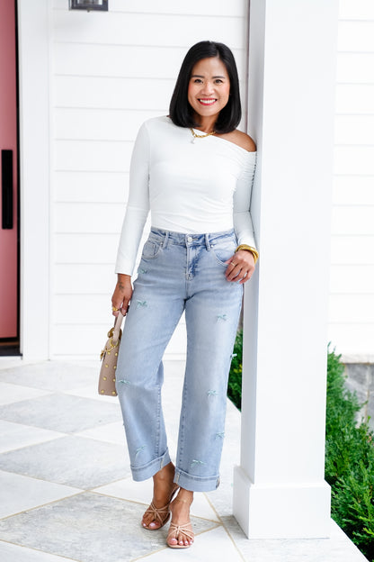 Risen High Rise Light Wash Crop Barrel Jeans with Bow Detail