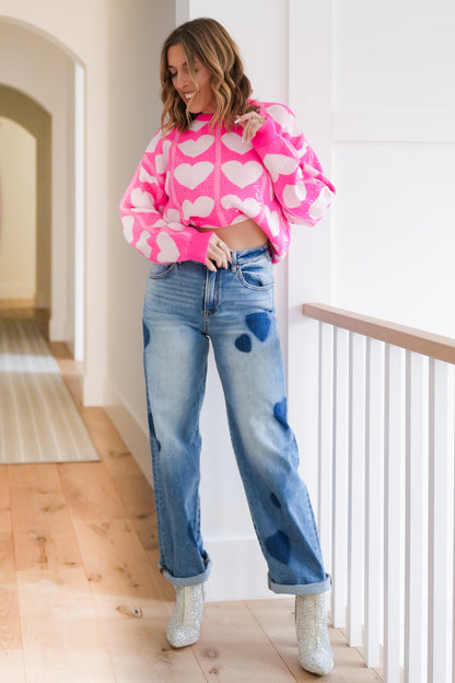 Heart Pattern Long Sleeve Pullover Sweater with Clear Sequins