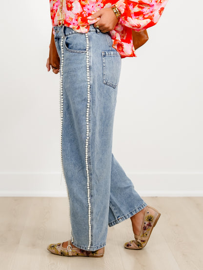Light Wash High Waist Barrel Jeans with Pearl Detail