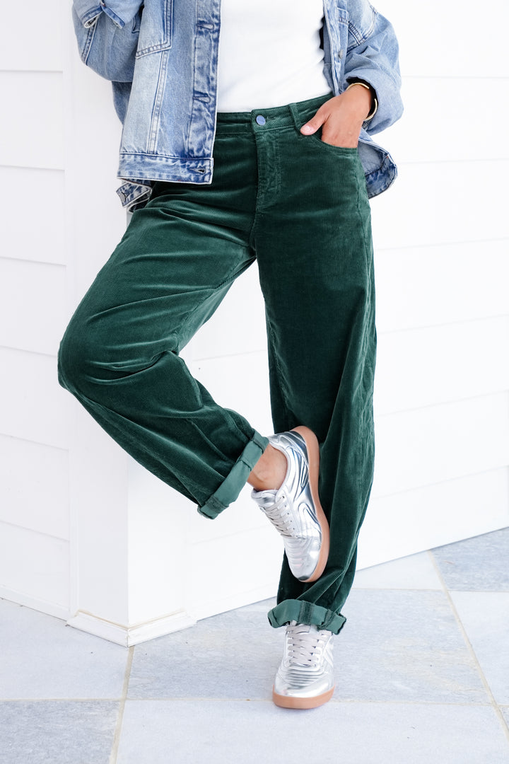 Risen High Rise Green Cuffed Corduroy Barrel Pants