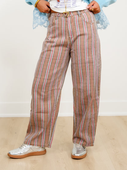 Vintage Wash Plaid Print Barrel Leg Pants
