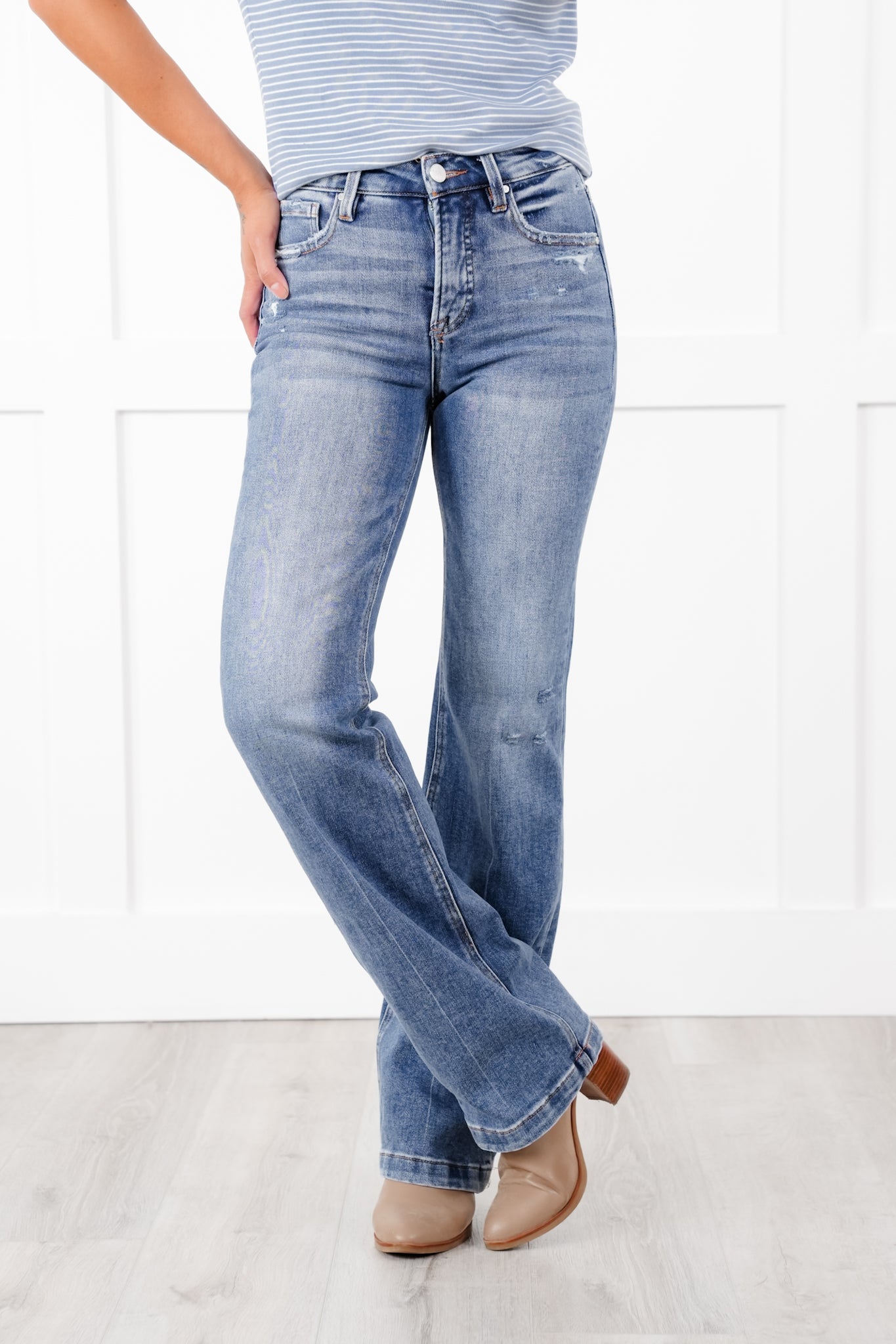 Risen High Rise Medium Wash Tummy Control Straight Leg Jeans