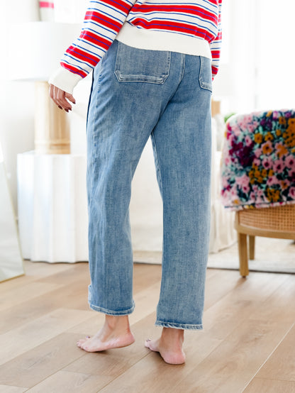 Saige High Rise Medium Wash Tummy Control Barrel Jeans With Pleats