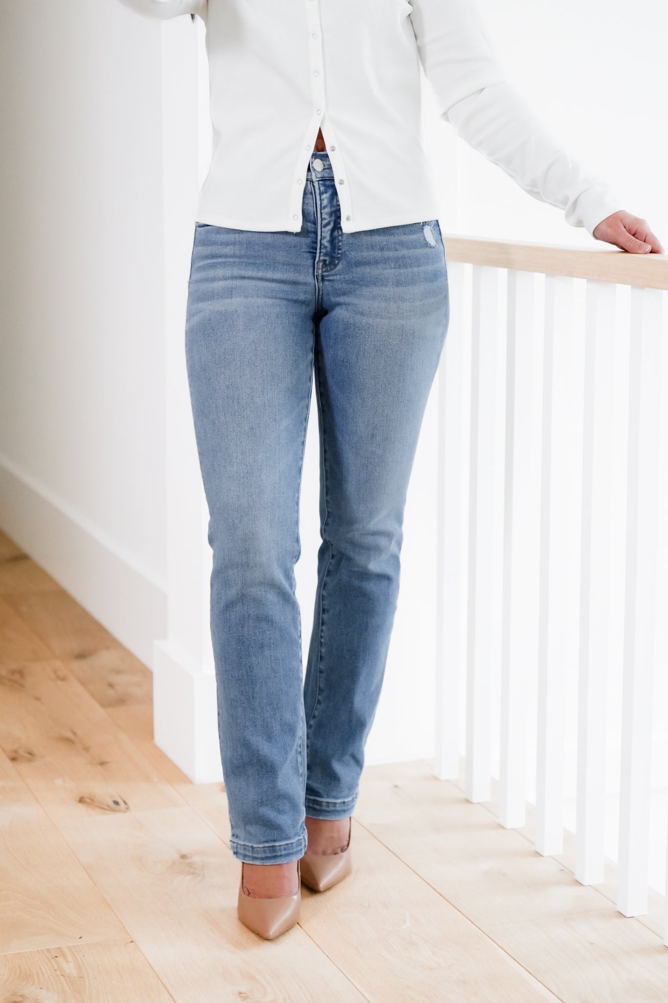 Risen Mid Rise Medium Wash Tummy Control Slim Straight Leg Jeans with Hidden Elastic Waistband