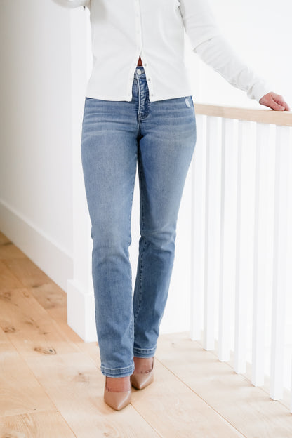 Risen Mid Rise Medium Wash Tummy Control Slim Straight Leg Jeans with Hidden Elastic Waistband