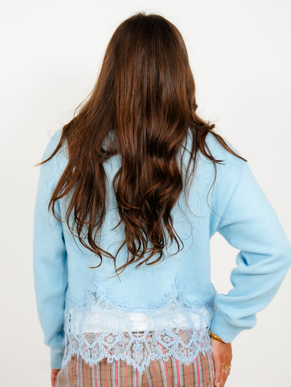 Long Sleeve Button Down Cardigan with Lace Trim