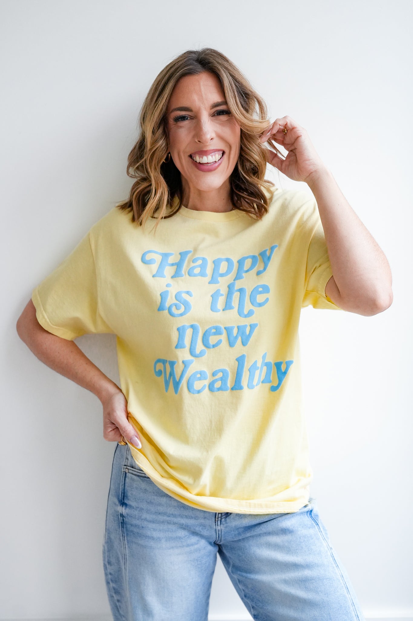 Short Sleeve Puff Print "Happy Is The New Wealthy" Graphic Tee