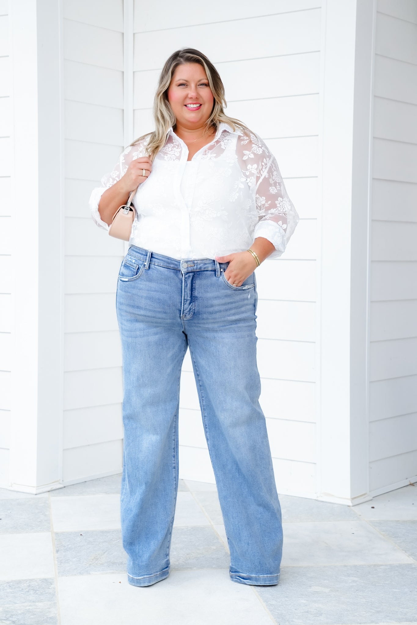 Risen Mid Rise Light Wash Tummy Control Elastic Waistband Wide Leg Jeans