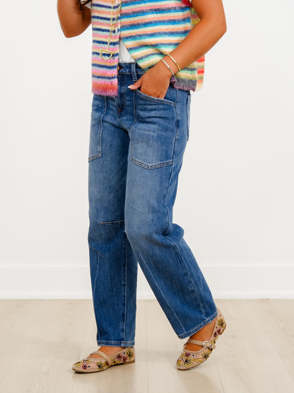 Risen High Rise Dark Wash Patch Pocket Barrel Jeans With 4 Way Stretch