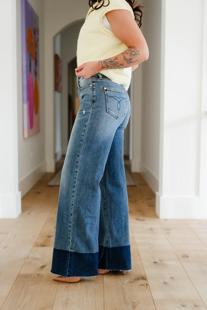 Judy Blue High Rise Dark Wash Two Tone Column Straight Leg Jeans