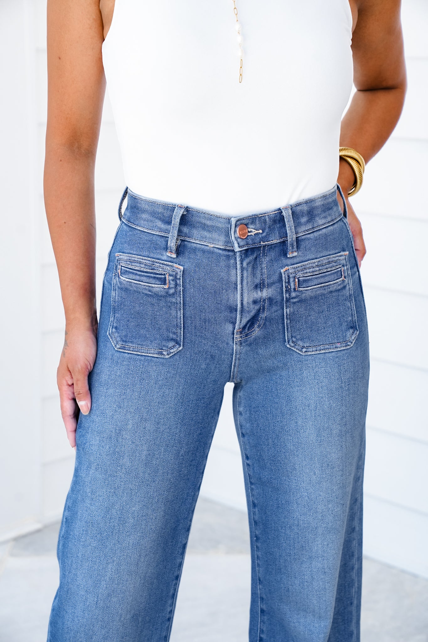 Risen High Rise Medium Wash Wide Leg Cuffed Front Patch Pocket Jeans with Elastic Waistband
