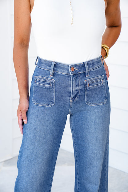 Risen High Rise Medium Wash Wide Leg Cuffed Front Patch Pocket Jeans with Elastic Waistband