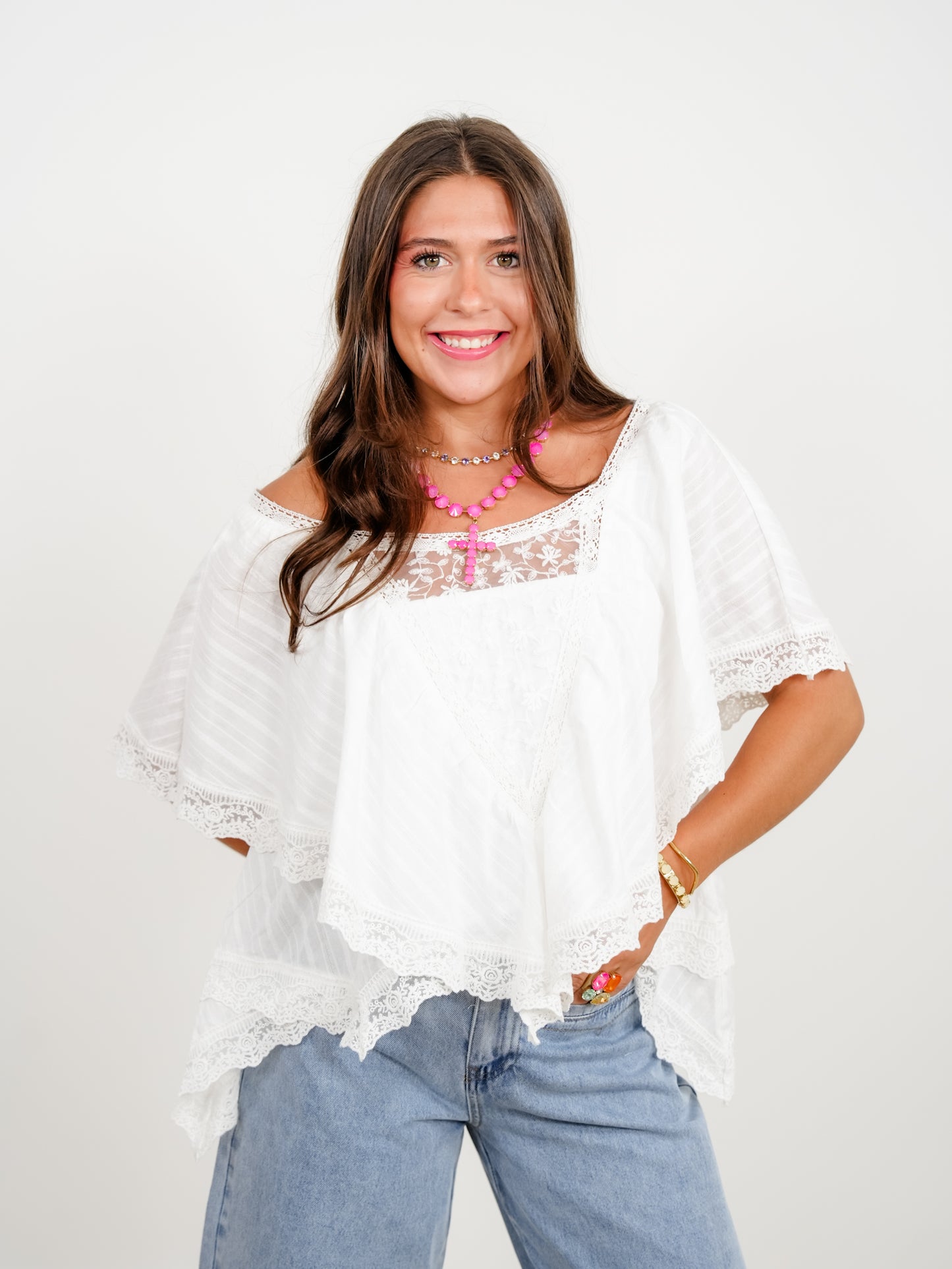 Short Sleeve Ruffle Top with Floral Embroidery - Freckled Poppy