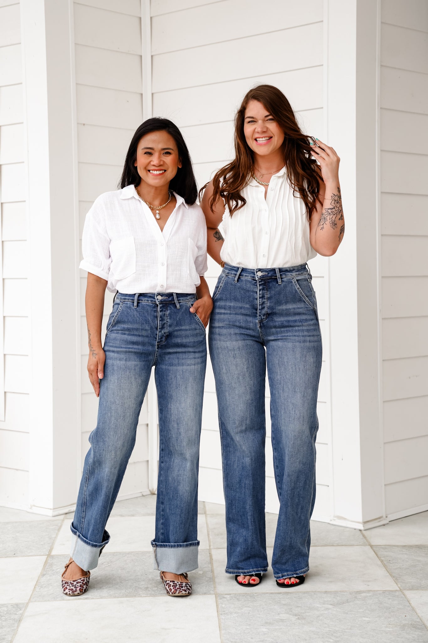 Mica High Rise Medium Wash Cuffed Wide Leg Jeans with Hidden Button Fly