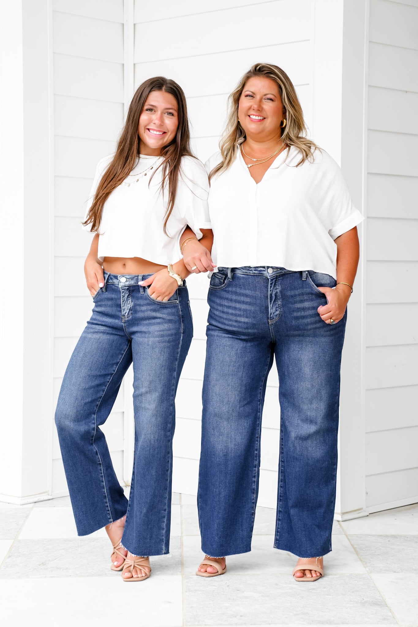 Risen High Rise Dark Wash Tummy Control Cropped Adjustable Waistband Wide Leg Jeans