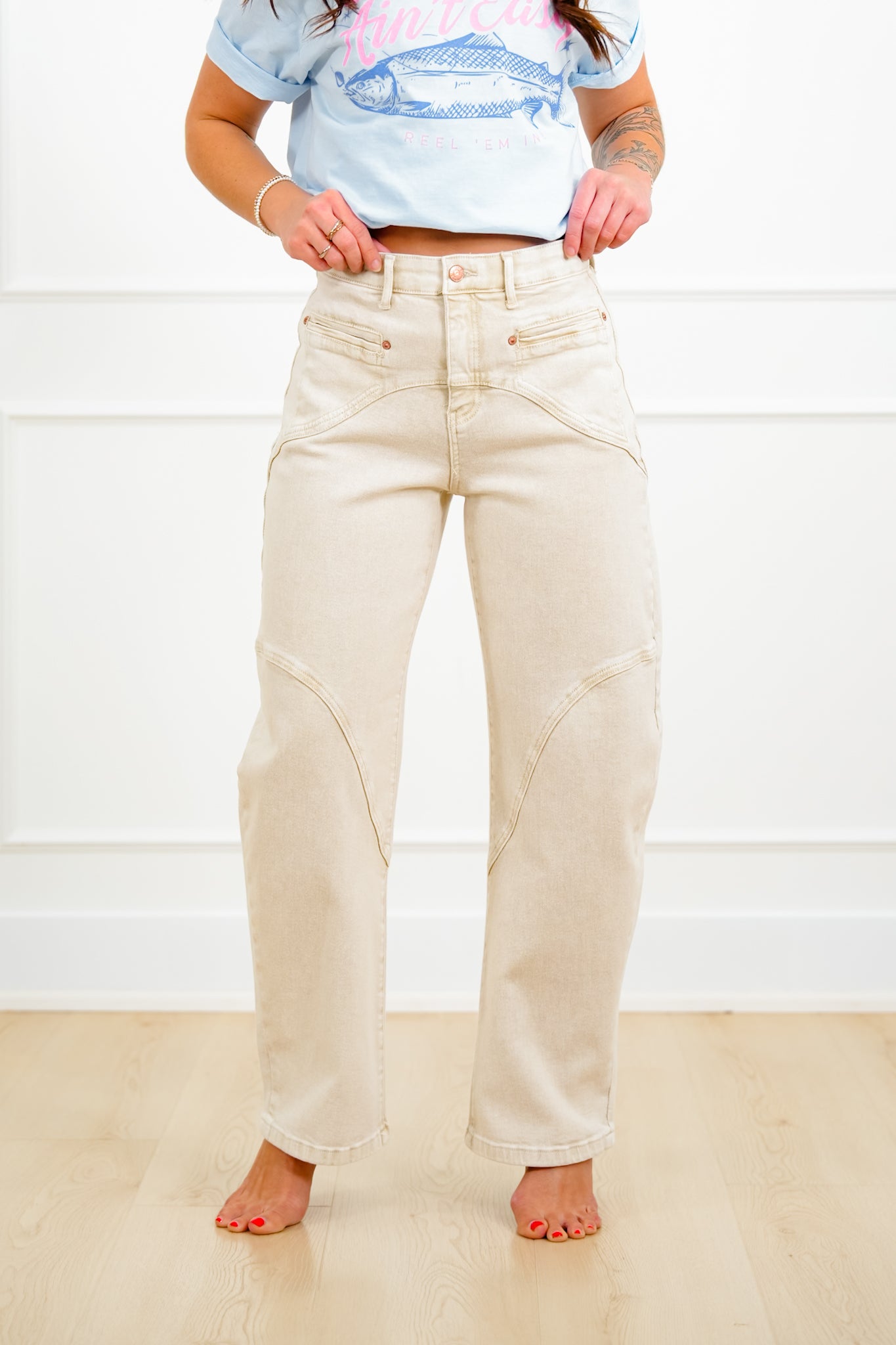 Saige High Rise Beige Tummy Control Barrel Jeans with Elastic Waistband