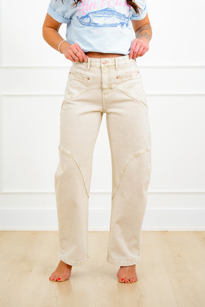 Saige High Rise Beige Tummy Control Barrel Jeans with Elastic Waistband