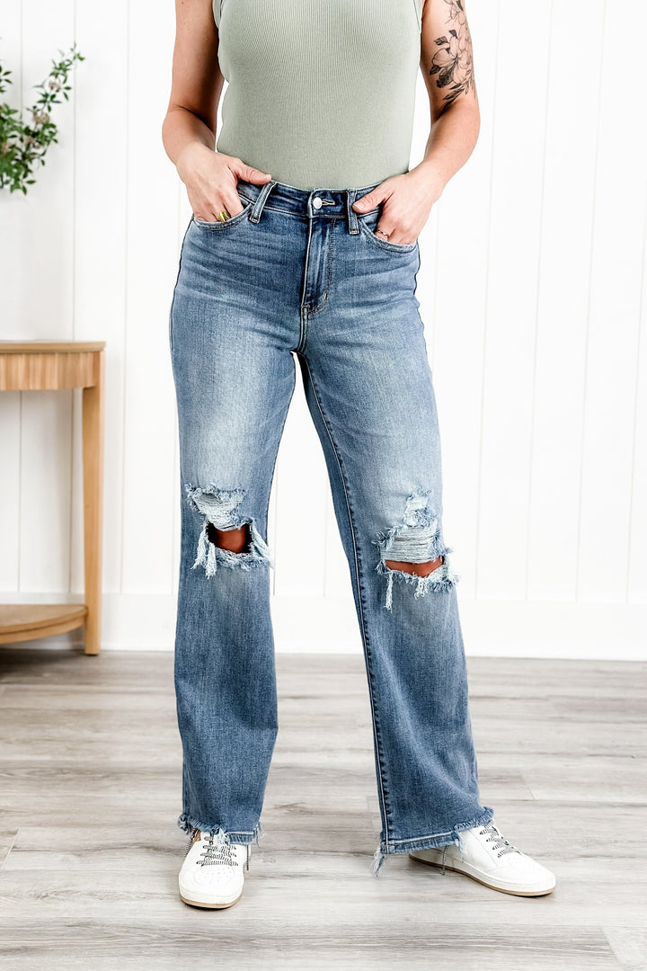 Judy Blue Wonderwall High Rise 90s Destroyed Knee Straight Leg Jeans