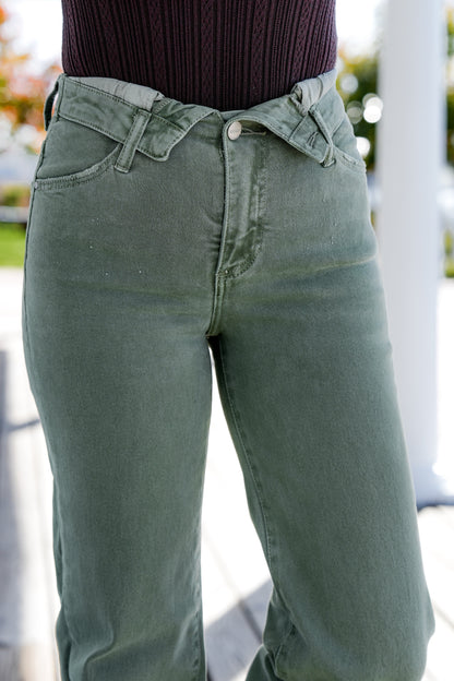 Risen Mid Rise Olive Flap Slim Wide Leg Jeans