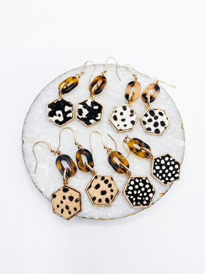 Animal Print Leather Hexagonal Drop Earrings W/ Tortoise Link (Multiple Colors)