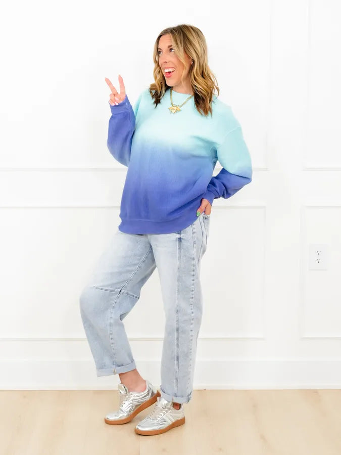 Plus/Reg Dip Dyed Corded Long Sleeve Pullover Top