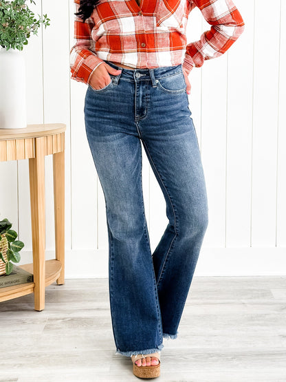 Risen Hot n Cold Vintage Dark Wash Frayed Hem Flare Jeans
