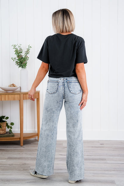 Judy Blue  Bad Blood High Rise Light Mineral Wash Raw Hem Wide Leg Jeans