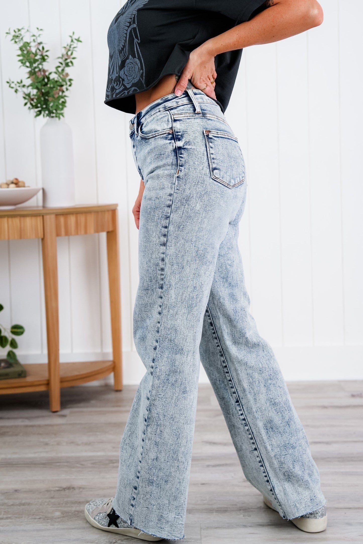 Judy Blue  Bad Blood High Rise Light Mineral Wash Raw Hem Wide Leg Jeans