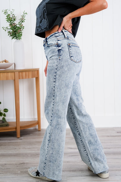 Judy Blue  Bad Blood High Rise Light Mineral Wash Raw Hem Wide Leg Jeans