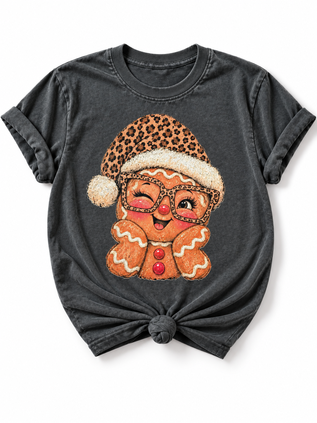 Plus/Reg Short Sleeve Leopard Gingerbread Christmas Graphic Tee - Freckled Poppy