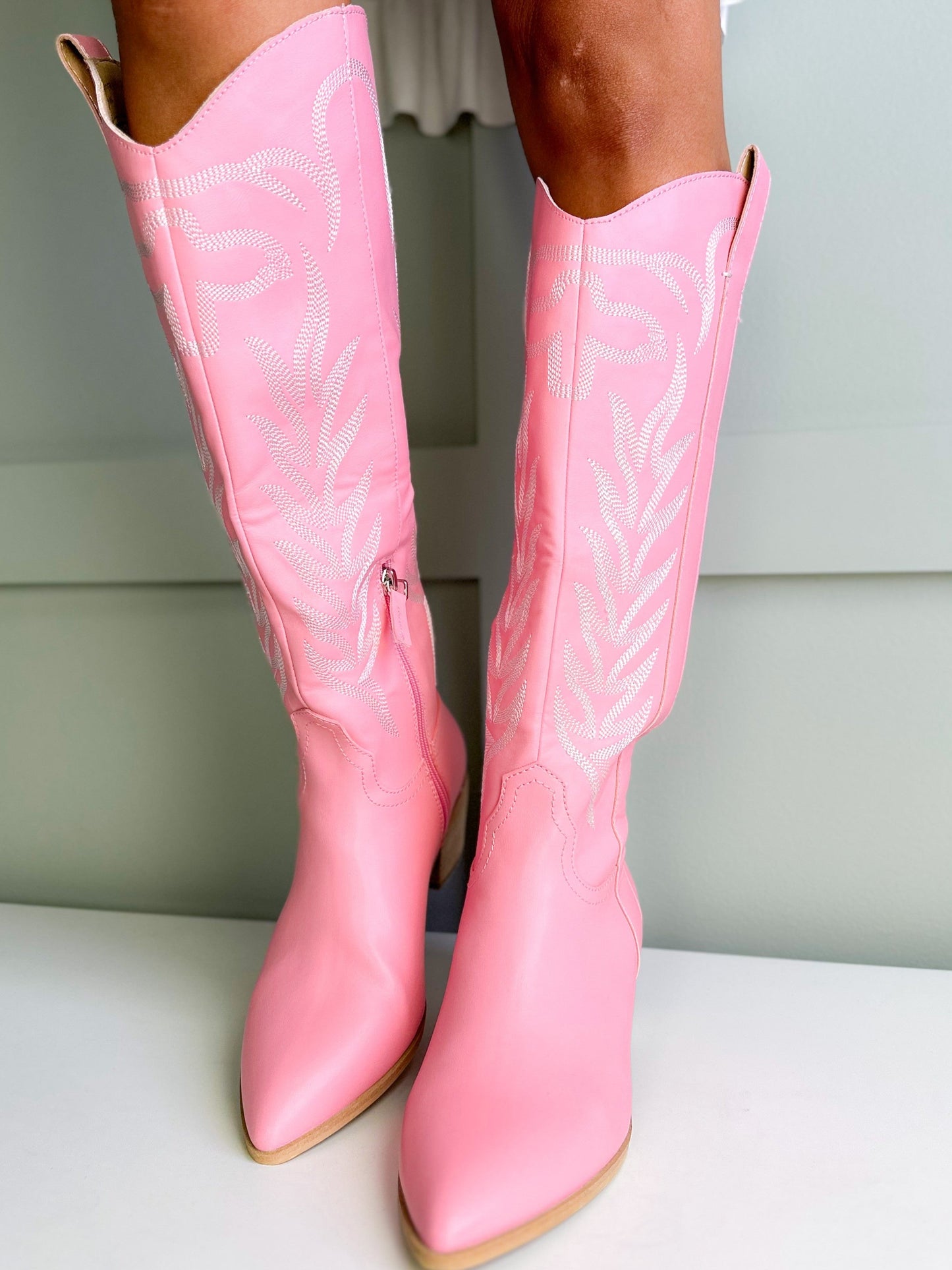 Western Style Boots with Stitch Detail & Side Zipper