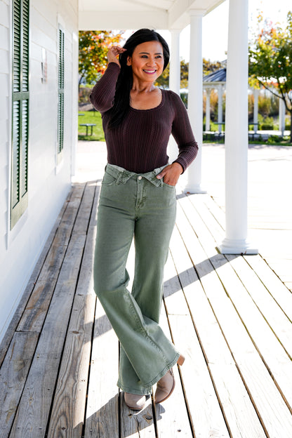 Risen Mid Rise Olive Flap Slim Wide Leg Jeans