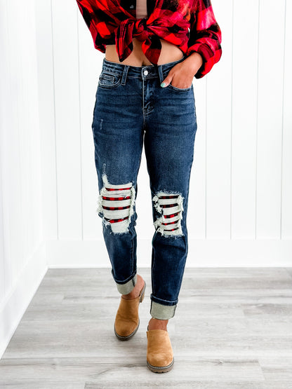 Judy Blue Warm and Cozy Mid Rise Dark Wash Boyfriend Buffalo Plaid Knee Destroy Patches With Cuff Jeans