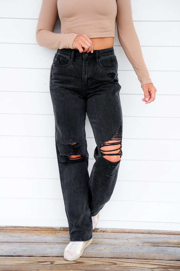 Judy Blue Straight Obsessed High Rise Black Rigid Magic 90's Distressed Straight Leg Jeans