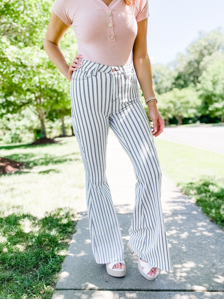 Judy Blue Long Inseam White Pinstripe Super Flare Jeans