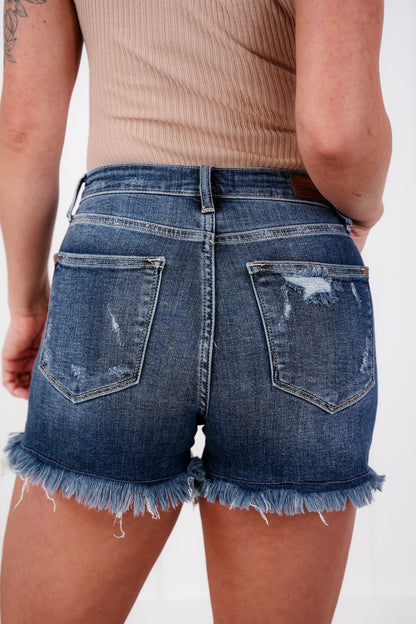 Judy Blue Hot Girl Summer Dark Wash Destroyed Fray Hem Shorts