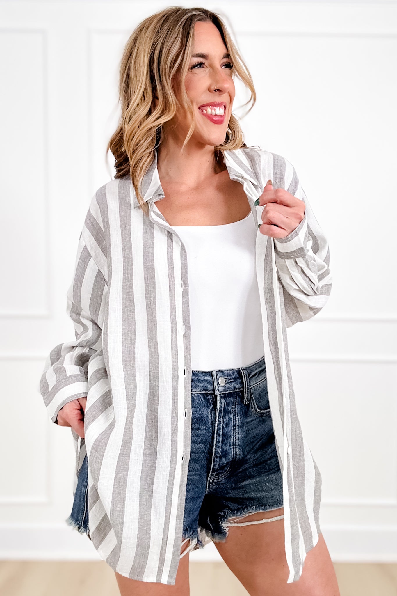 POL Stripe Pattern Long Sleeve Button Up Top