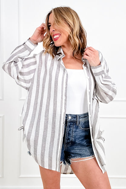 POL Stripe Pattern Long Sleeve Button Up Top