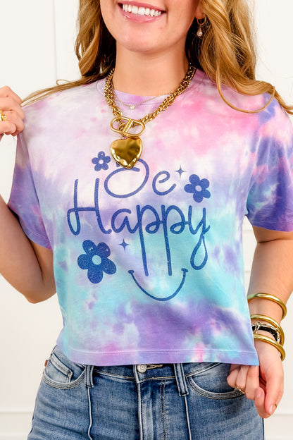 Plus/Reg Short Sleeve Tie Dye "Be Happy" Graphic Tee