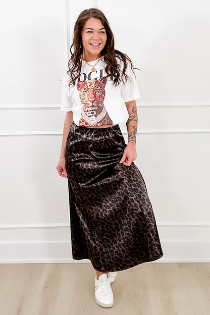 Leopard Print Satin Elastic Waist Midi Skirt