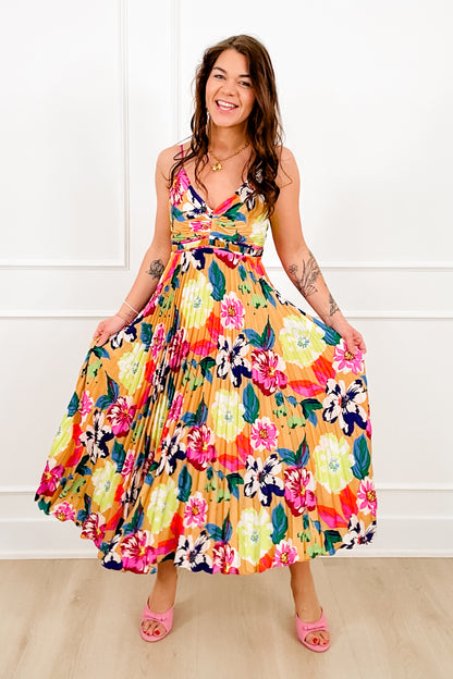 Floral Print Sleeveless Pleated Midi Dress