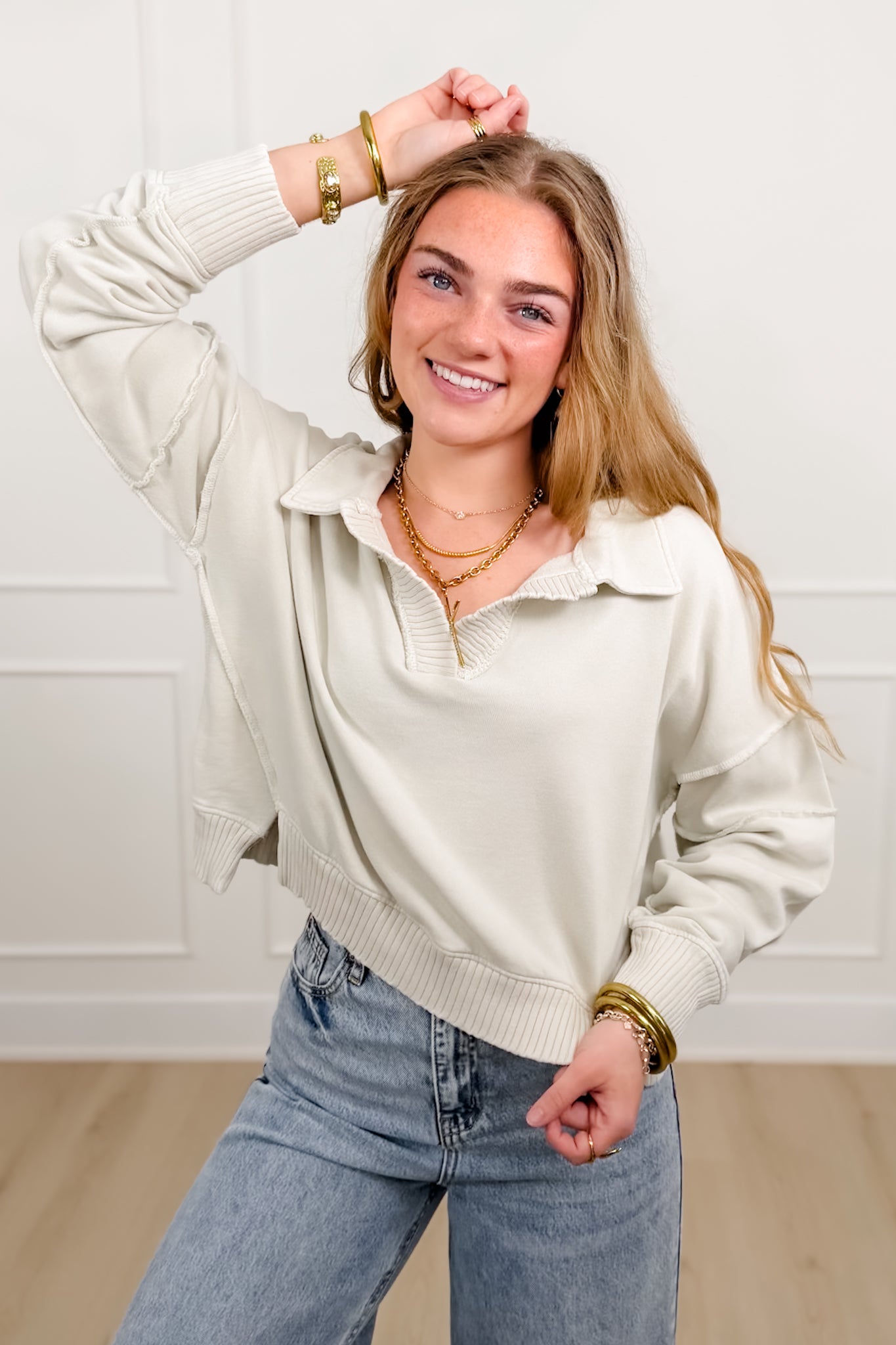 Mineral Wash Long Sleeve V Neck Sweatshirt